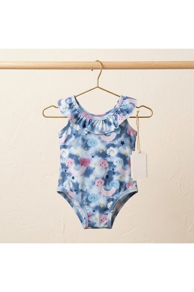 BUUFUU Patterned Printed Girls' Swimsuit with Ruffle Front