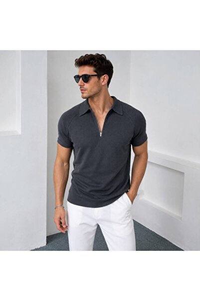BUCADO Men's Anthracite Half-Zip Polo Collar T-Shirt