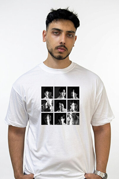 Anetos Tricou alb supradimensionat cu imprimeu design BTS K Pop_1