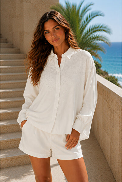 ABBRA Women's Collar Stone Detailed Modal Oversize Shirt