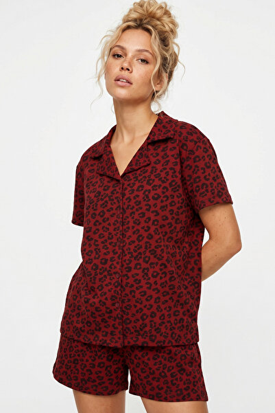 Siyah İnci Burgundy Leopard Print Shirt Collar Buttoned Knitted Shorts Pajama...