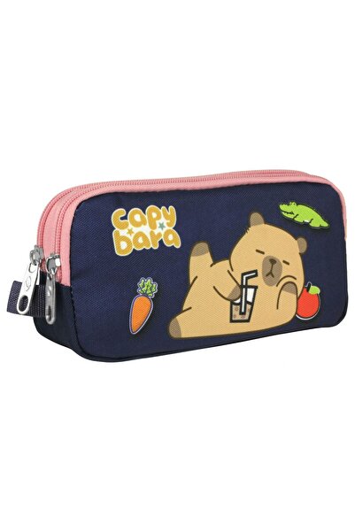 capybara Two-Compartment Printed Navy Blue - Pink Girls' Pencil Bag - 5223