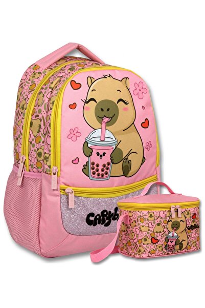 capybara حقيبة مدرسية مطبوعة بتصميم Happy Girl + مجموعة صندوق غداء - SETCPB6206B