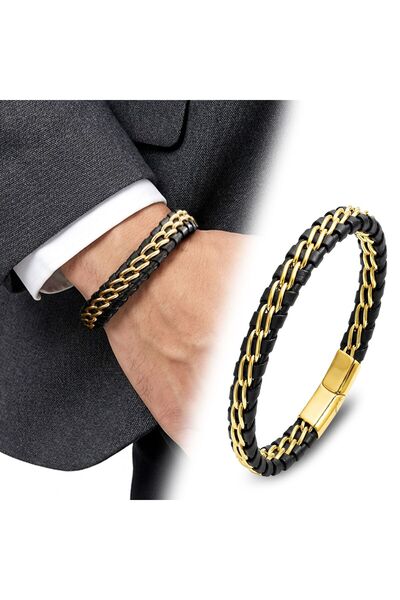 OGHAMAY Yellow Double Chain Steel and Leather Bracelet 18394B2D4
