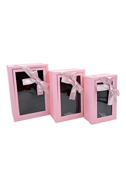 AFO Set 3 Cutii Dreptunghiulare cu Capac Transparent si Fundita Auriu Roz