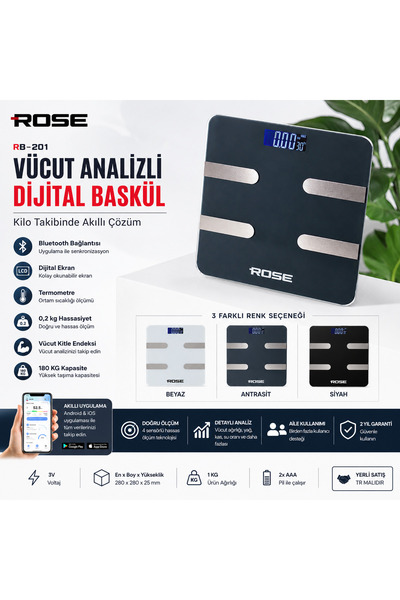 AŞIK STORE Rose Akıllı Dijital Baskül Bluetooth Vücut Analizli Yağ Ölçer Bask...