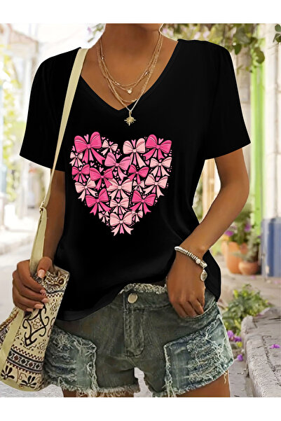 Deocept Women's Mix Printed V-Neck Sleeved Regular Fit Comfortable T-Shirt