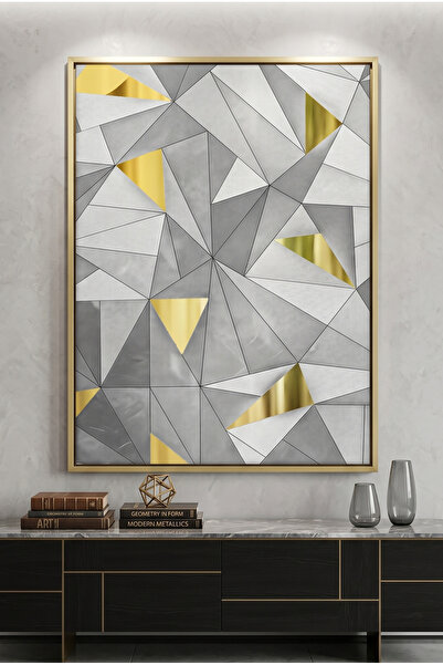 Jasmine Art Luxury 3D Grey & Gold Geometric Wall Art | Framed Canvas Print wi...