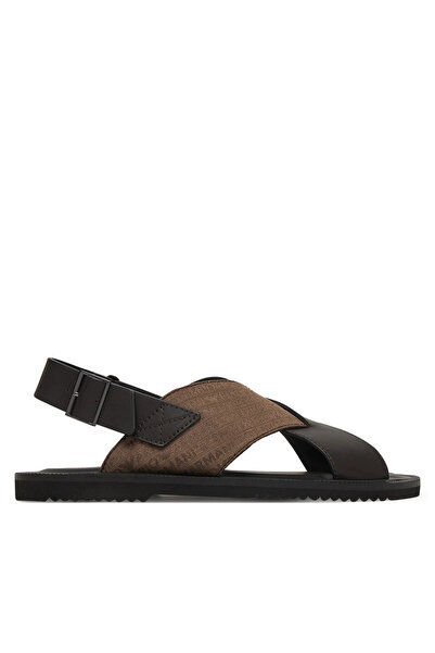 Emporio Armani Men's 100% Leather and Jacquard Cross-Strap Brown Sandals