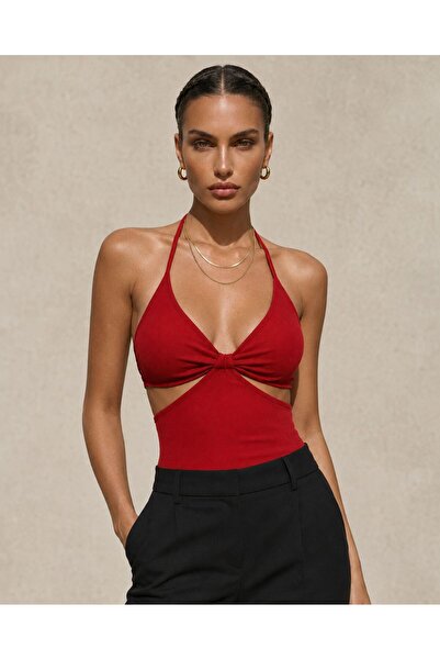 KİM Kİ O Women's Ribbed Halter Neck Crop Top with Cut Out Detail and Tie-Up