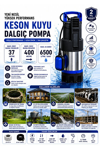 OPTIVEX 1.1 Hp Flatörlü Keson Kuyu Dalgıç Pompa 800W 1.1HP 37 Metre Dik 400 M...