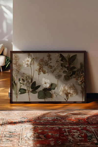 Zestia Tablou de perete orizontal vintage, aranjament botanic cu flori albe, ...