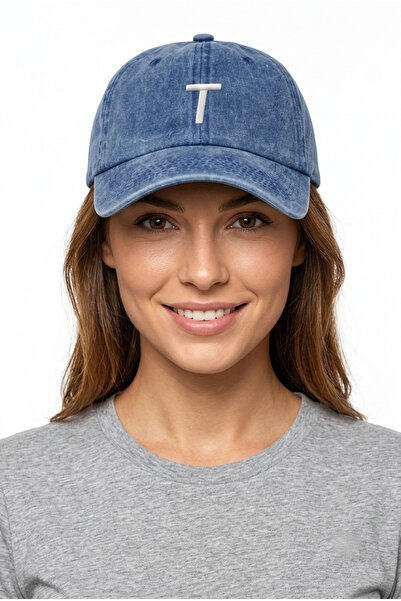 ŞapkaMania Saks Blue Embroidered Washable Vintage Unisex Hat with Letter t