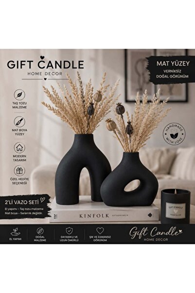 GiftCandle Gift Candle 2’li Modern Dekoratif Vazo Seti – Mat Boya – Taş Tozu ...