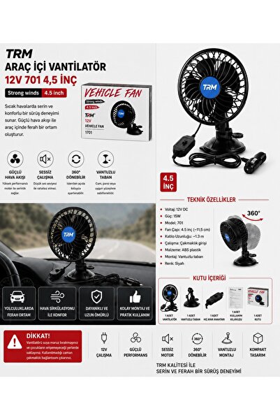 PASPRO OTOMOTİV TRM Araç İçi Vantilatör 12V Vantuzlu 4,5 İnç Hız Ayarlı Siyah...