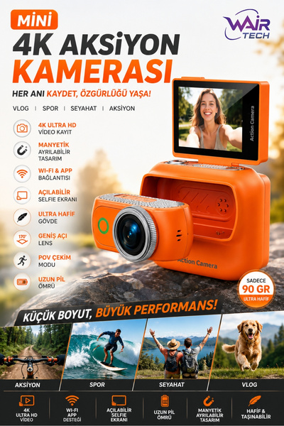 Wair Teknoloji Mini 4K Wifi Aksiyon Kamerası Açılabilir Selfie Ekranı Manyeti...