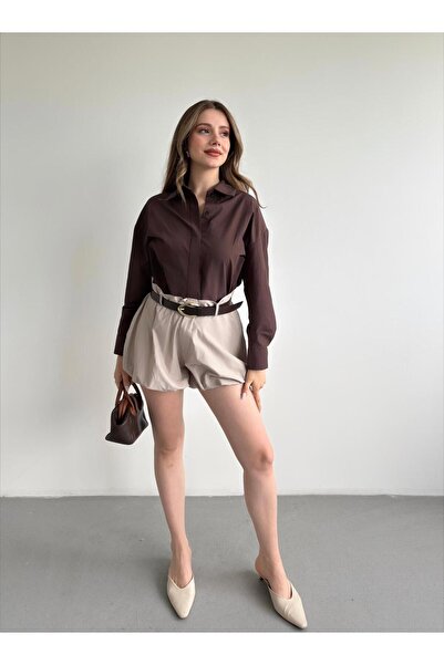 FMN Moda Designer Belted Balloon Short Lined Shorts over Oversized Shirt Doub...