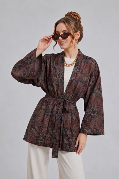 GLOW MUSE Etnik Desenli Bağcıklı Kimono -Kahverengi