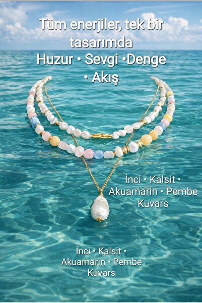LemaStone Aquamarine, Calcite, Pink Quartz, and Pearl 3-Piece Necklace Set & ...