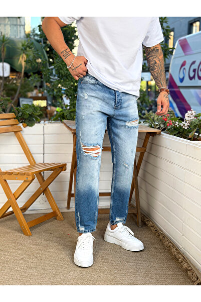 manch collection Laser Cut Washed Blue Boyfriend Pants