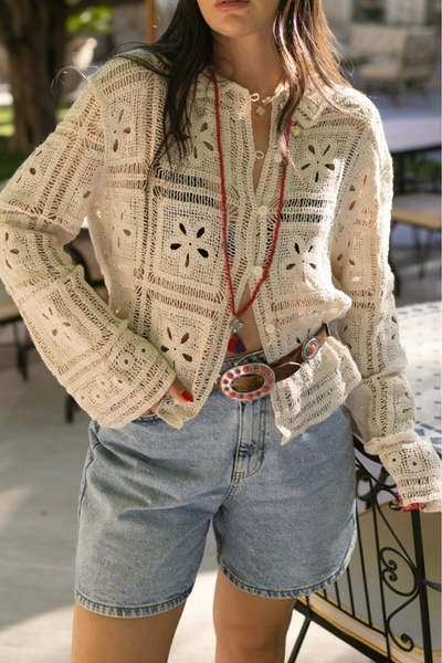 Suziş 100% Cotton Beige Stone Long Sleeve Lace Blouse Cardigan M39726