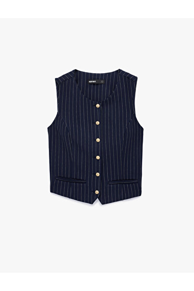 Koton Slim Fit Düğmeli Bisiklet Yaka Çizgili Yelek