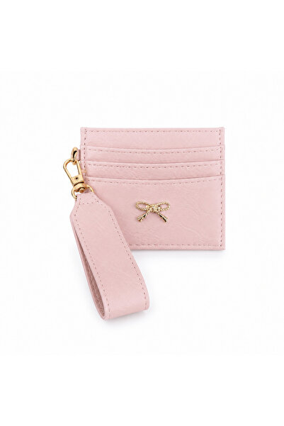 Pratsska Powder Pink Women's Card Holder Wallet with Keychain – Gold Bow Deta...