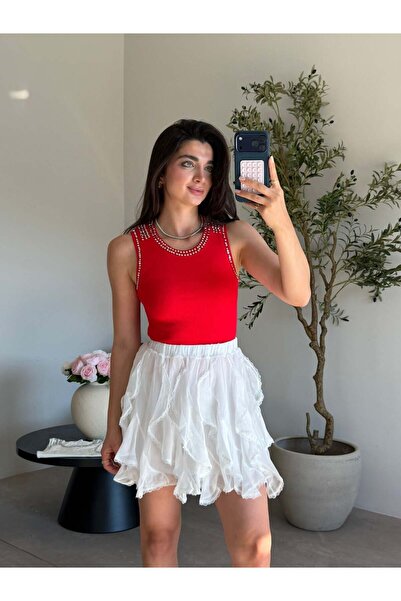 Bade Butik White Ruffled Lined Short Skirt