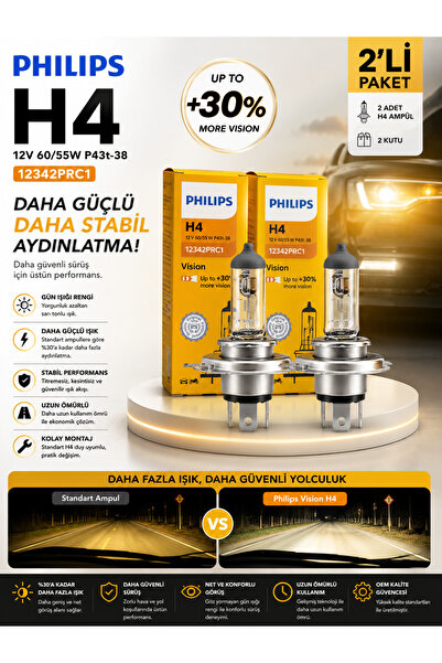 Philips H4 Vision +30% Daha Fazla Işık Far Ampulü 2'li Set Gün Işığı Rengi Uz...