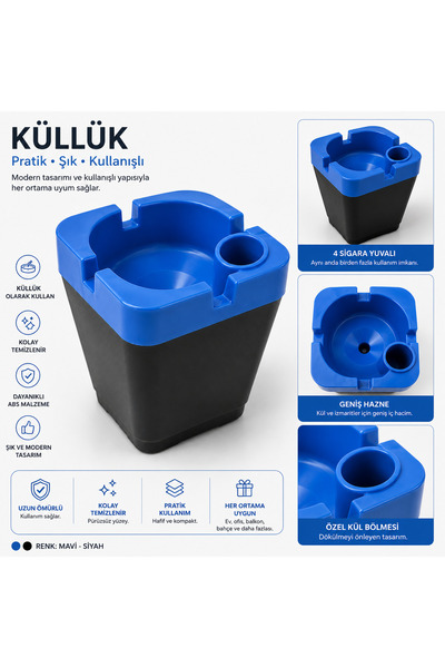 Genel Markalar Modern Plastik Küllük 4 Sigara Bölmeli Kare Tasarım Kırmızı Siyah