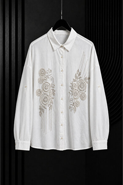 studio fashion 1988 White Bead Embroidered Oversize Cotton Viscose Shirt