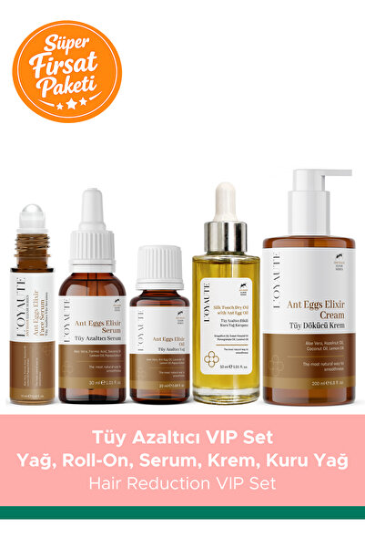 Karınca Yumurtası içeren Tüy Azaltıcı Ultimate VIP Seti Roll On + Kuru Yağ + Serum + Tüy Dökücü Krem + Yağ