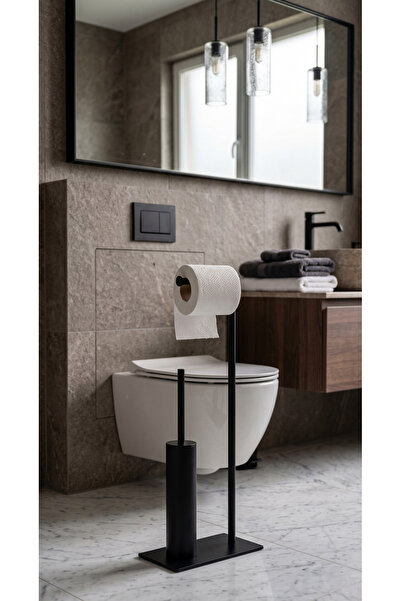 EMFA AKSESUAR Black Stand-Toilet Brush Set Black Toilet Paper Holder Brass St...