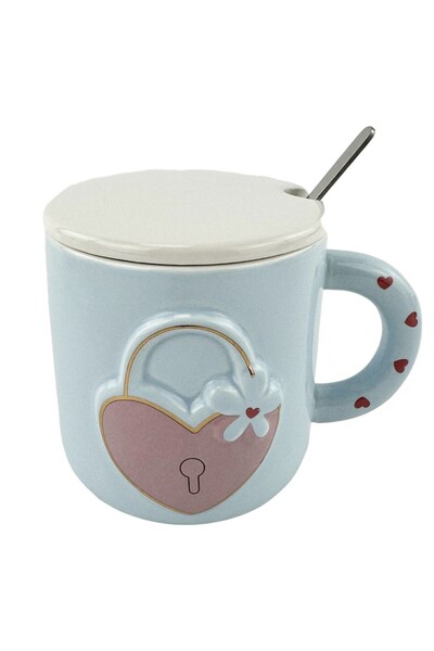 Trim Cana Ceramică Albastru Cu Capac Si Lingură 350 ml