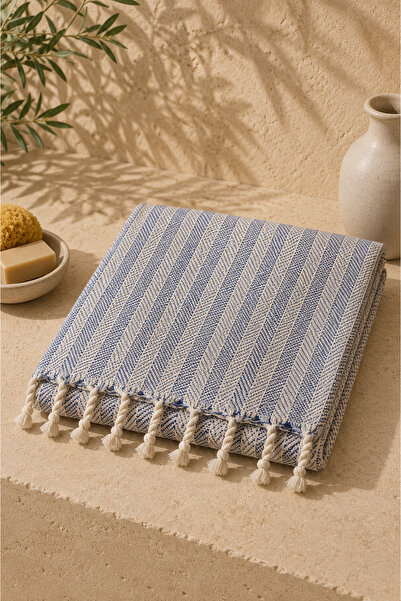 Defne&Apollon İpekçilik Handwoven Cotton - Linen Peshtemal 95 X 200 cm Blue-W...