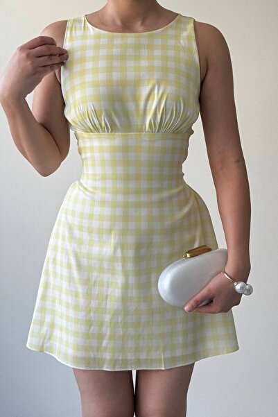 Femistik Women's Yujas Tie-Waist Plaid Poplin Casual Stylish Summer Mini Dress