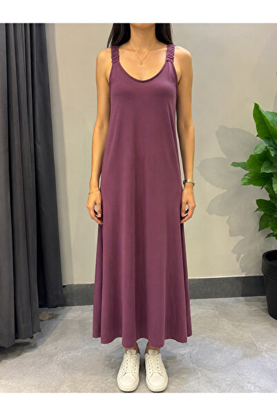 Butik Kadın Bordo Askılı Salaş Maxi Elbise Rahat Kalıp Günlük Uzun Penye Elbise