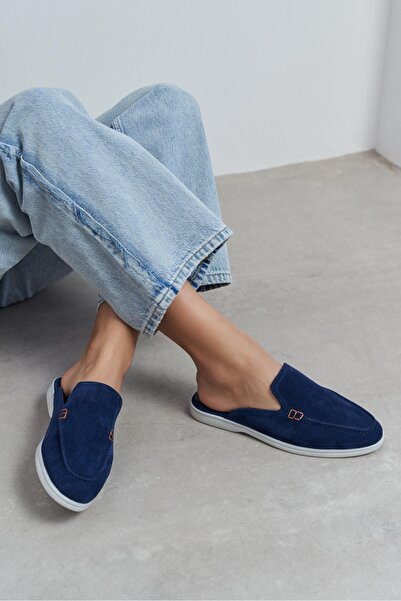 NİŞANTAŞI SHOES Letty Navy Blue Suede Leather Flat Sole Women's Loafer Slippers