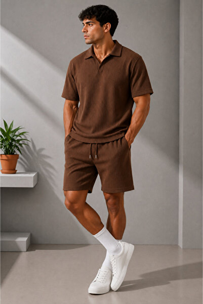 FECCY Premium Ribbed Ottoman Fabric Polo Collar Unisex T-Shirt and Shorts Set...