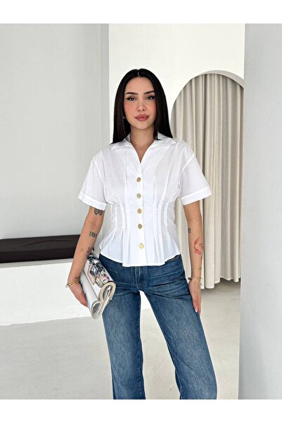 Sore Collection Kadın Gold Düğmeli Pili Detaylı Peplum Kısa Kollu Gömlek