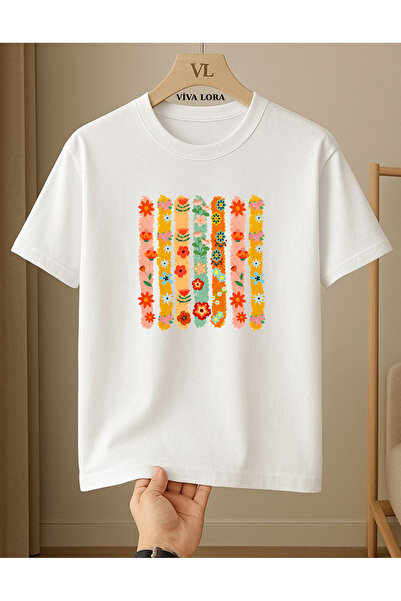VİVA LORA Floral Motif Print Women's 100% Cotton Crew Neck Regular T-Shirt