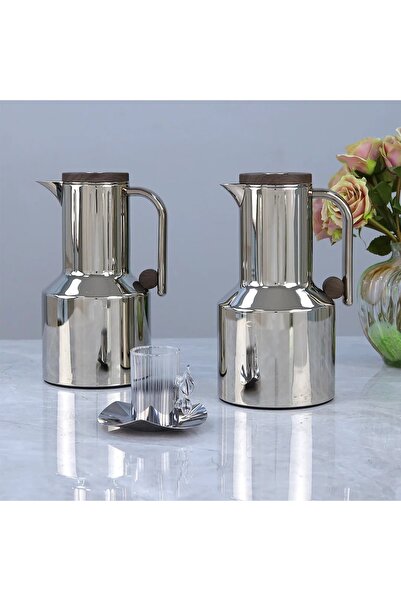 Al Hadaya Mall Elegant and Modern Design Steel Thermos Set - Silver with Brow...