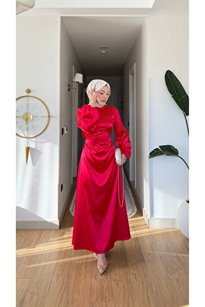 NİLNUR MODA فستان سهرة نسائي من الساتان مزين بالأحجار من الموسم الجديد