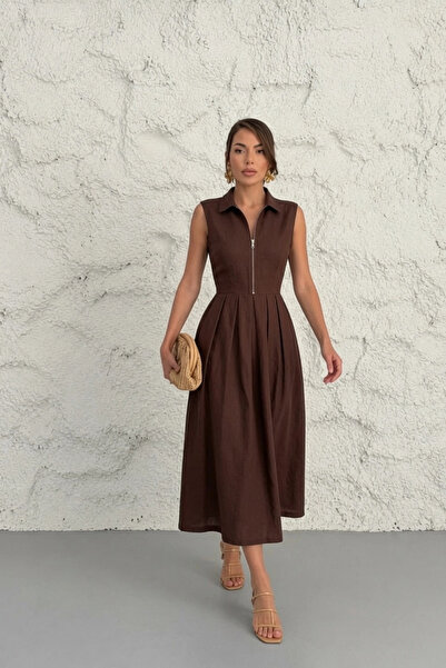 Lusin Women's Brown Sleeveless Zipper Detailed Pleated Casual Stylish Midi Dress