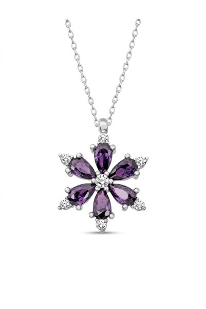 Sahira Jewelry Lotus Çiçeği Mor Taşlı Gümüş Kaplama Kadın Kolye