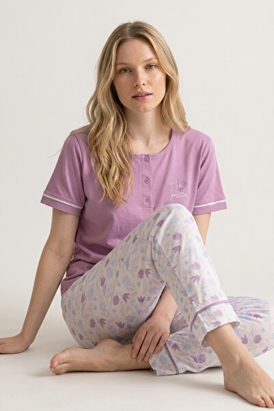 MORRO Women's Lilac Floral Cotton Short Sleeve Pajamas Set