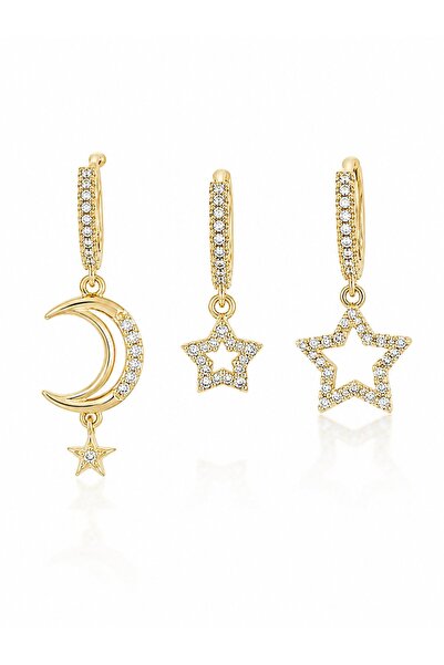 serelya Brass Zircon Stone Moon and Crescent Model Gold Color 3-Piece Women's...