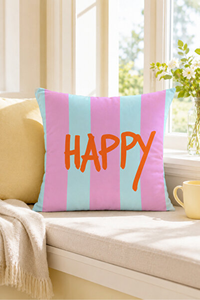 Evmila Happy Pastel Striped Text Printed Decorative Throw Pillow Cover Modern...