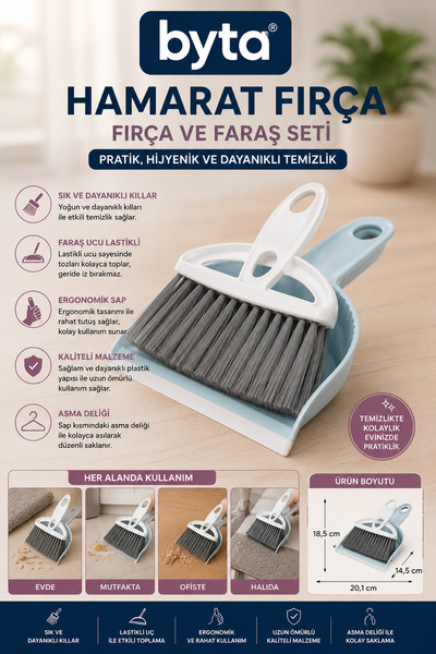 BYTA Mini Faraş ve Fırça Seti Ergonomik Saplı Masa Üstü, Mutfak ve Ofis Kırın...