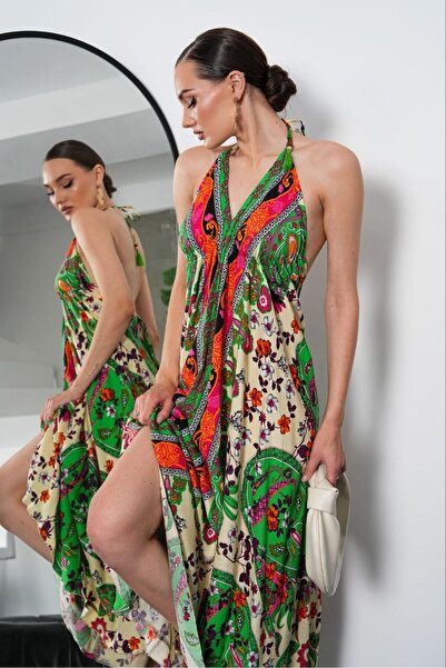 Lady Pixie Ethnic Patterned Backless Slit Long Dress